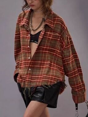 R13 NWOT Frayed checked cotton-flannel shirt M